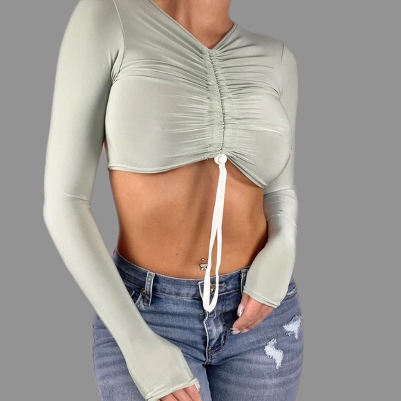 PrettyLittleThing Tops - ❌SOLD❌ NWT! Sage Green Slinky Toggle Ruched Crop Top